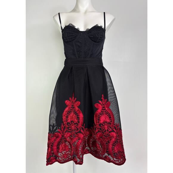 Love Culture Black Mesh Skirt Red Ribbon Embroidery Size Small Romantic Goth - Picture 3 of 14